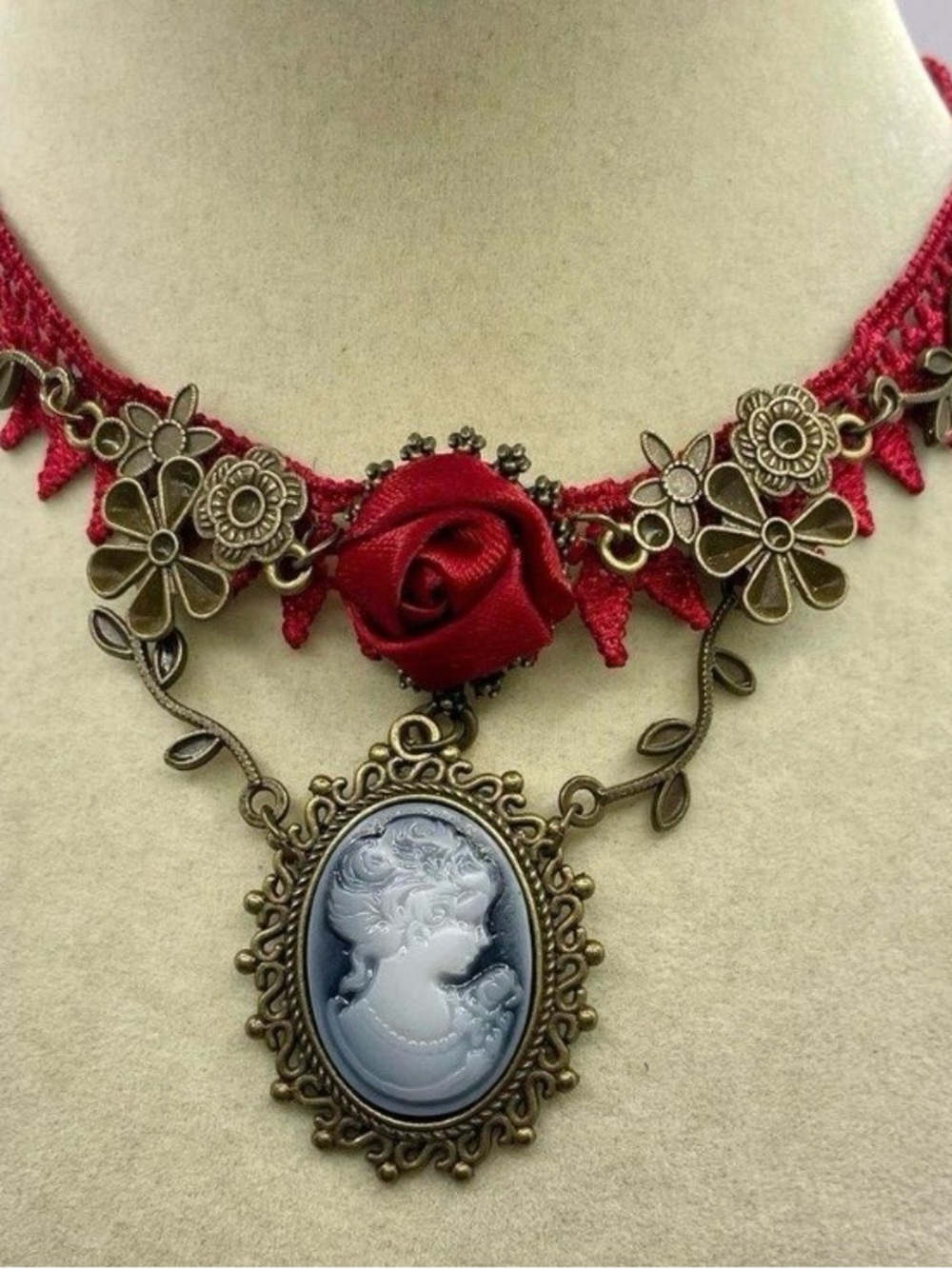 Vintage Red Rose Cameo Necklace